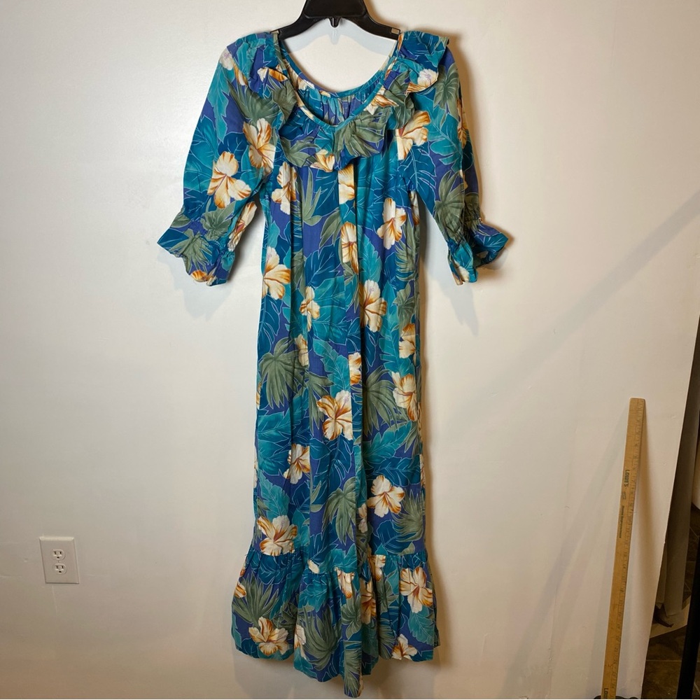 Hilo Hattie Blue and Green Hawaiian Floral Maxi Dress V Neck Medium